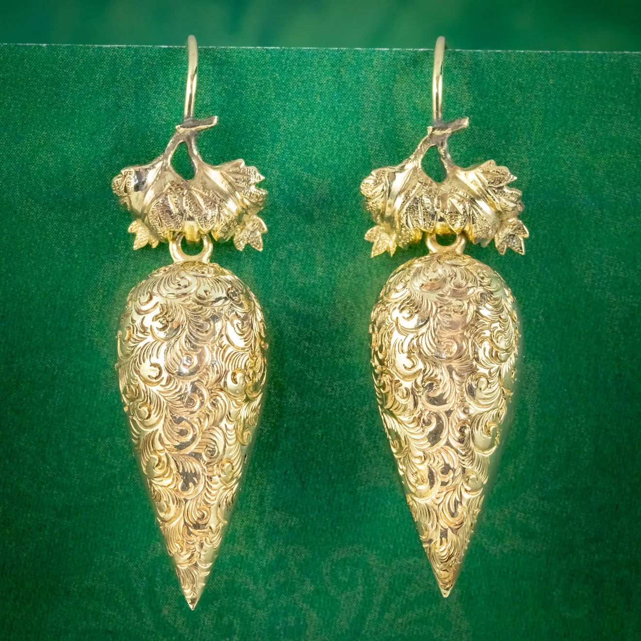 Antique Victorian Engraved Drop Earrings Pinchbeck 18ct Gold Gilt Circa 1880