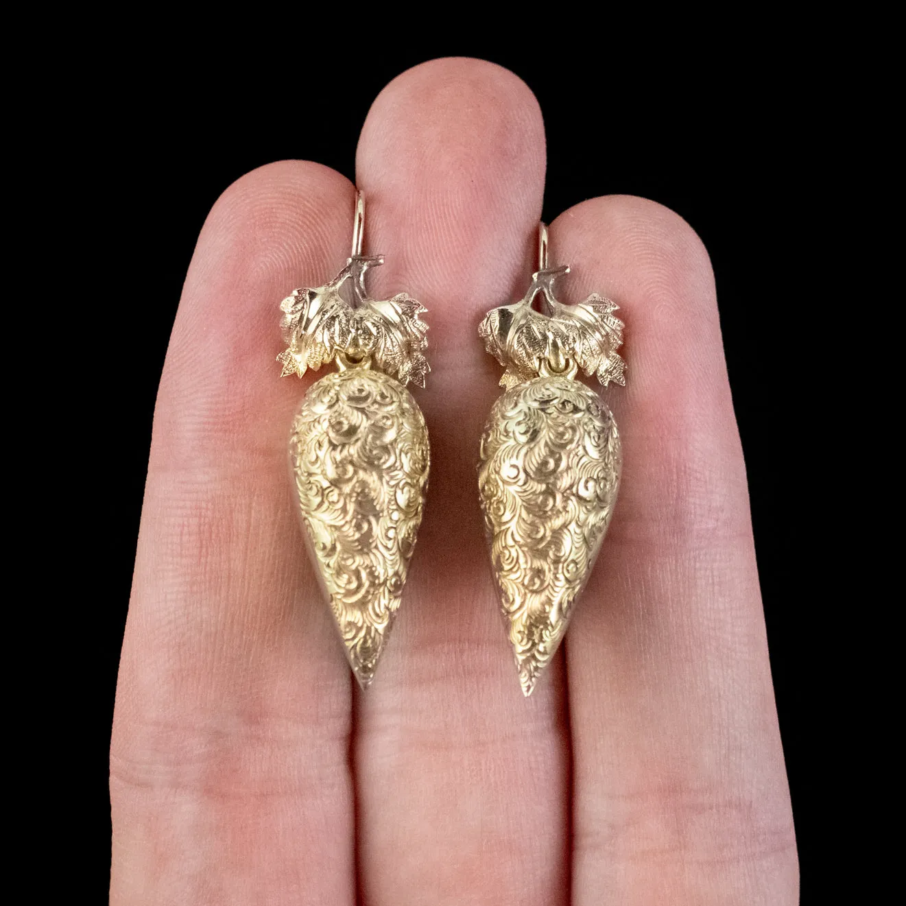 Antique Victorian Engraved Drop Earrings Pinchbeck 18ct Gold Gilt Circa 1880