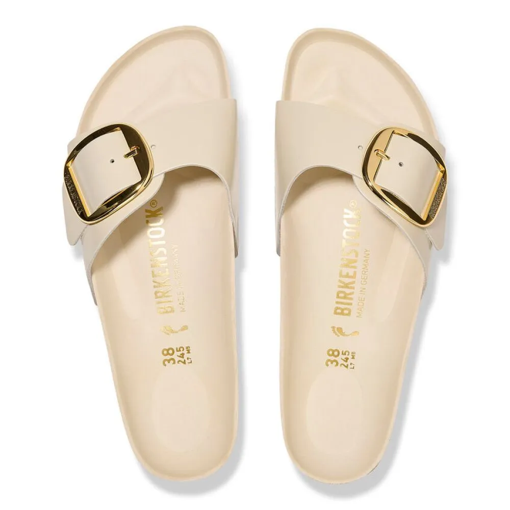 Birkenstock Women's Madrid Big Buckle Natural Leather Patent in High Shine Ecru (Narrow Width)