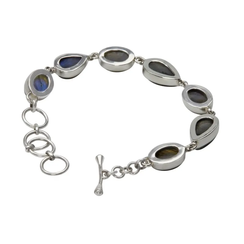 Bracelet with 7 Mixed Shaped Colourful Labradorite Stones elegantly hand-cast in Sterling Silver