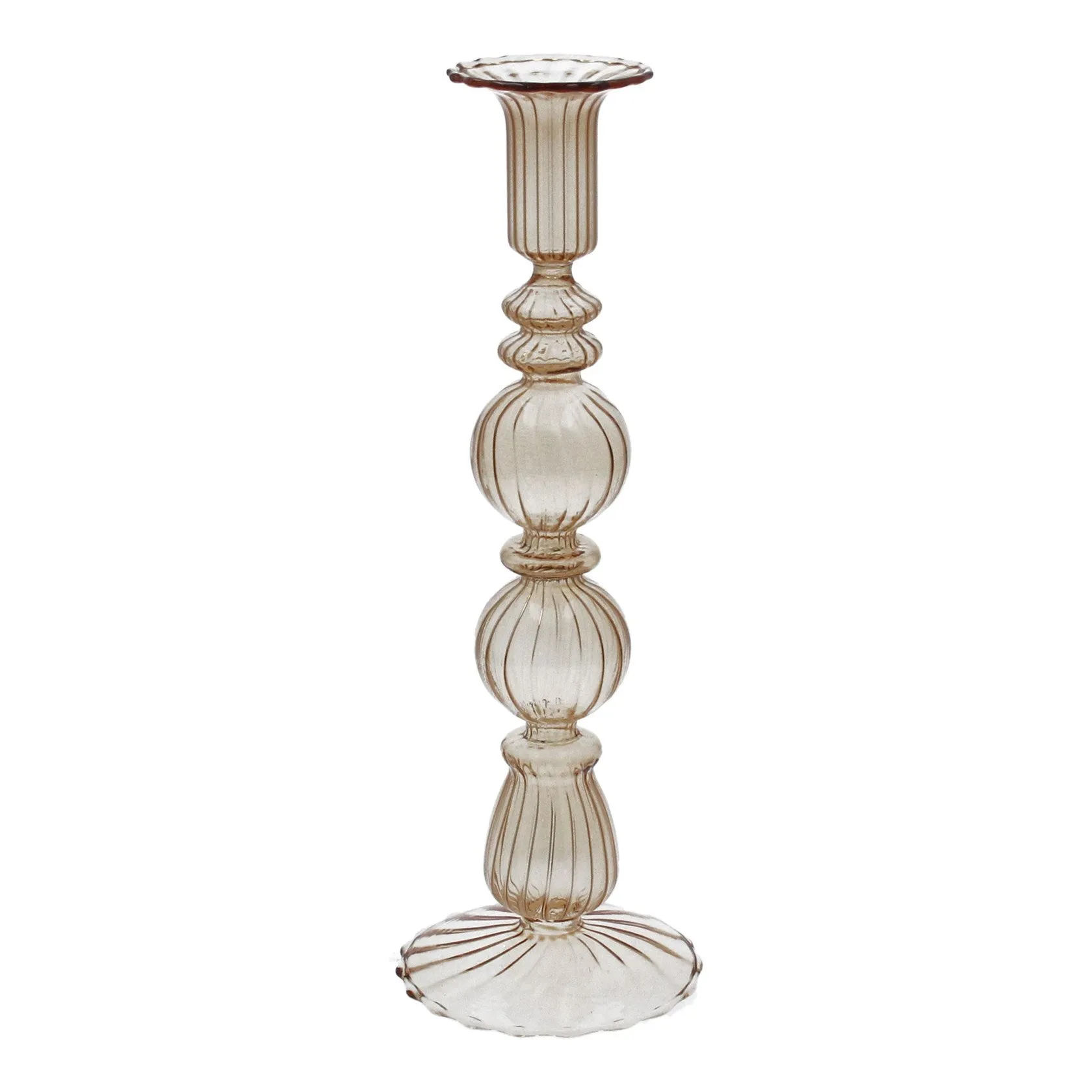 Clear light amber double ball glass candlestick