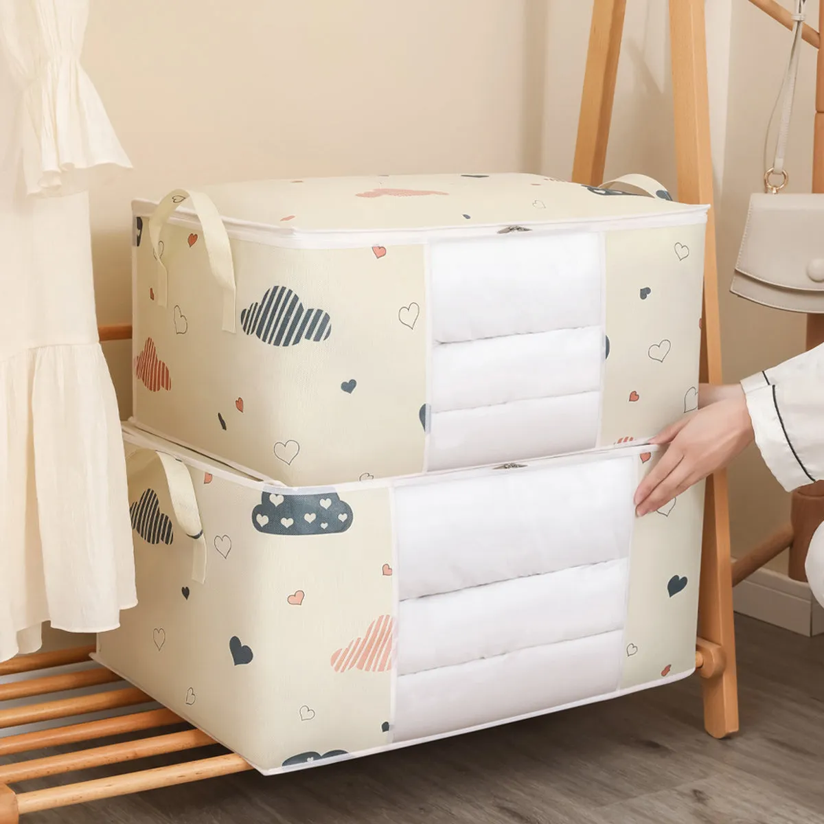 Large Capacity Clothes Quilt Storage Bag Organizer with Handle Clear Window Sturdy Zipper for Comforters Blankets Bedding Clothes