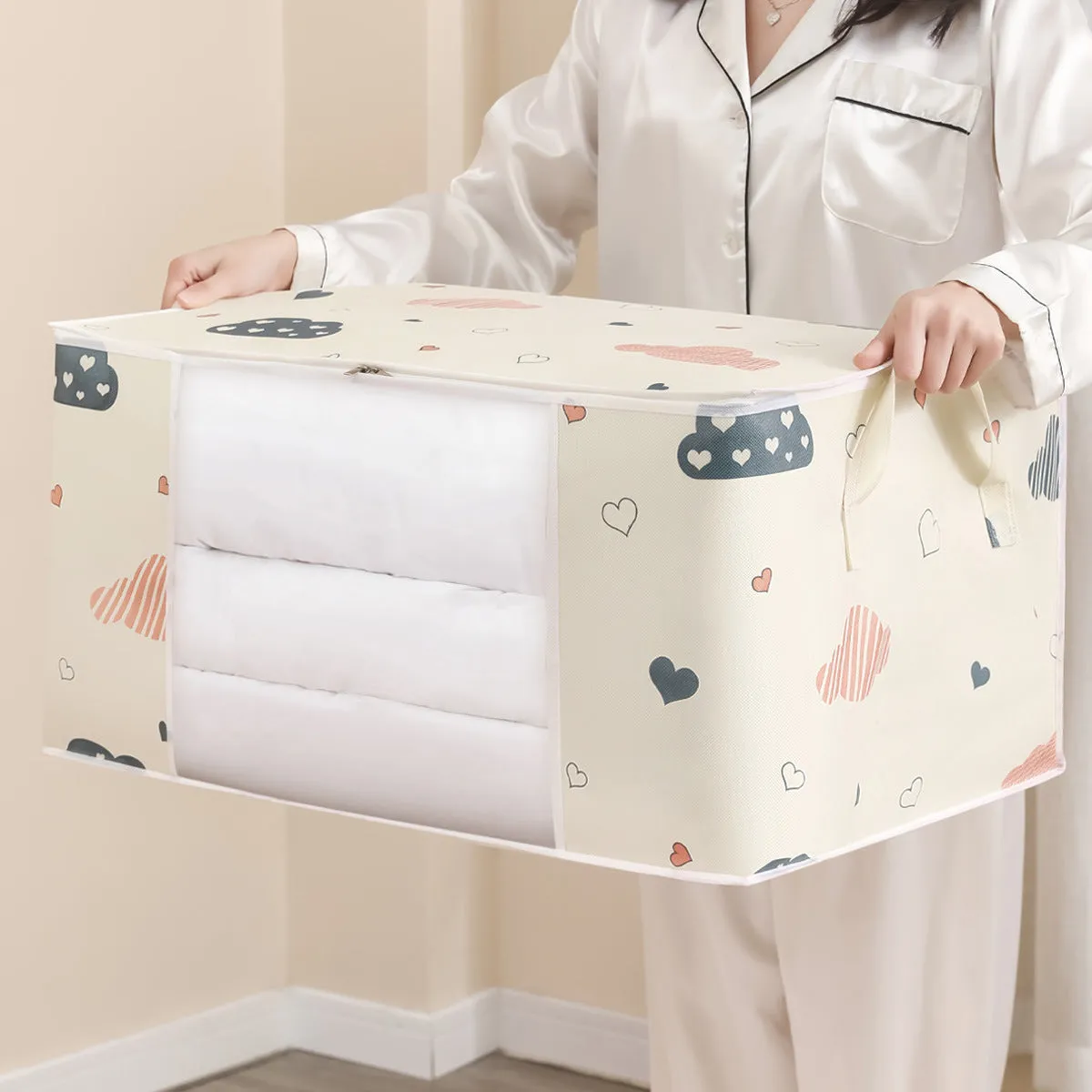 Large Capacity Clothes Quilt Storage Bag Organizer with Handle Clear Window Sturdy Zipper for Comforters Blankets Bedding Clothes