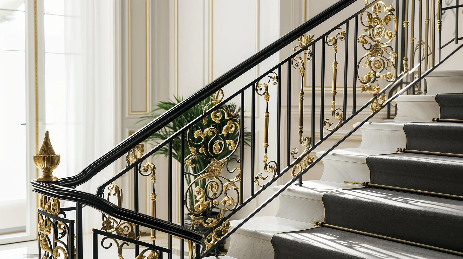 Luxurious Gold-Accented Wrought Iron Stair Railing