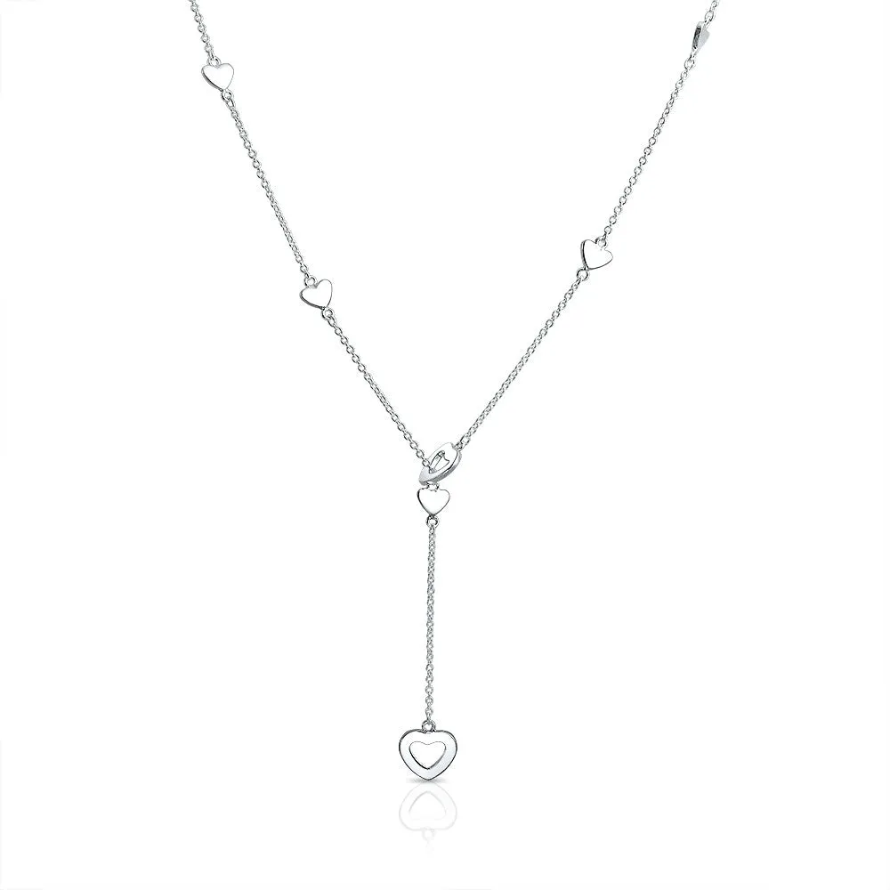 Simple Chain Drop Necklace with Open Hearts Dangle Lariat Pendant for Teens Silver